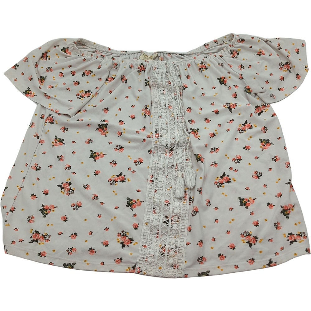 Bobbie Brooks Floral Off Shoulder Blouse Cream Pink Crochet Lace Tassel Top M